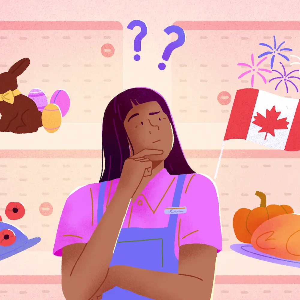 Stat holiday pay illustrated by a pensive worker surrounded by Easter, Canada Day, Remembrance Day and Thanksgiving symbols.
