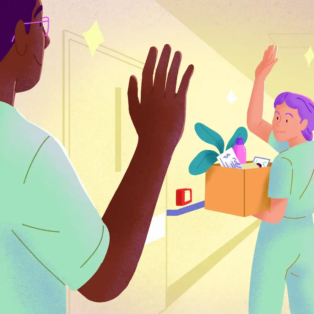 Severance pay illustrated by a healthcare worker leaving with a box of personal belongings, waved off by a colleague.