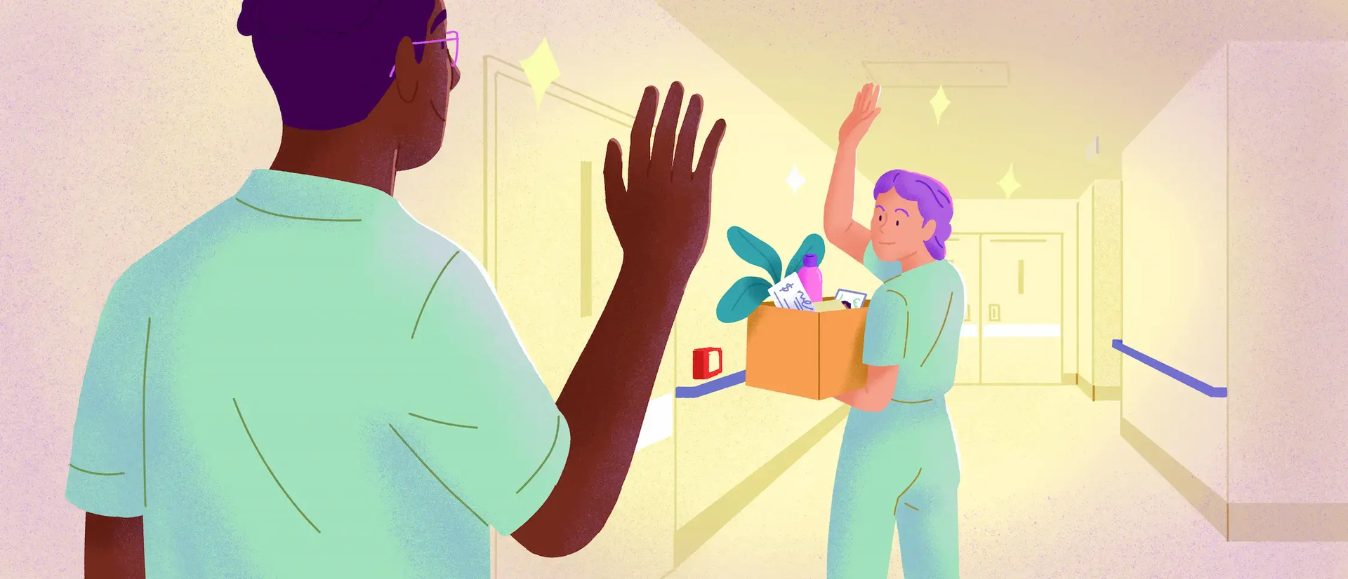 Severance pay illustrated by a healthcare worker leaving with a box of personal belongings, waved off by a colleague.
