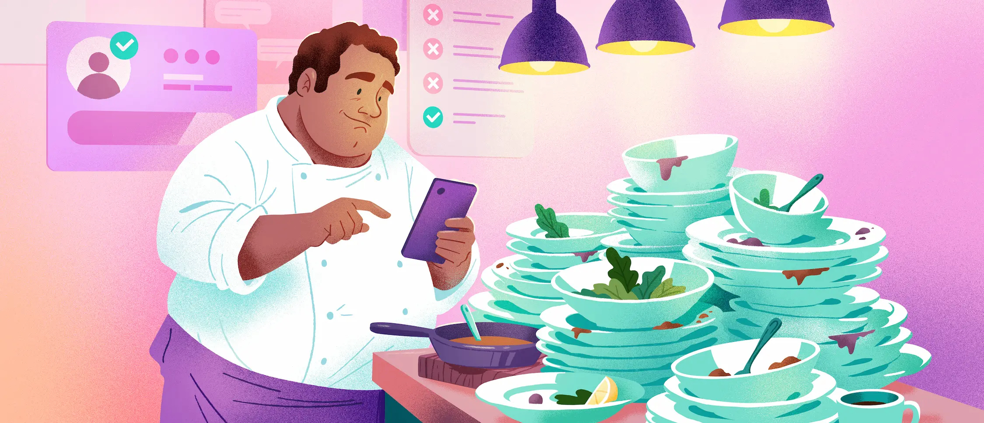 No call no show illustrated by a frustrated chef checking his phone beside a growing pile of dirty dishes.