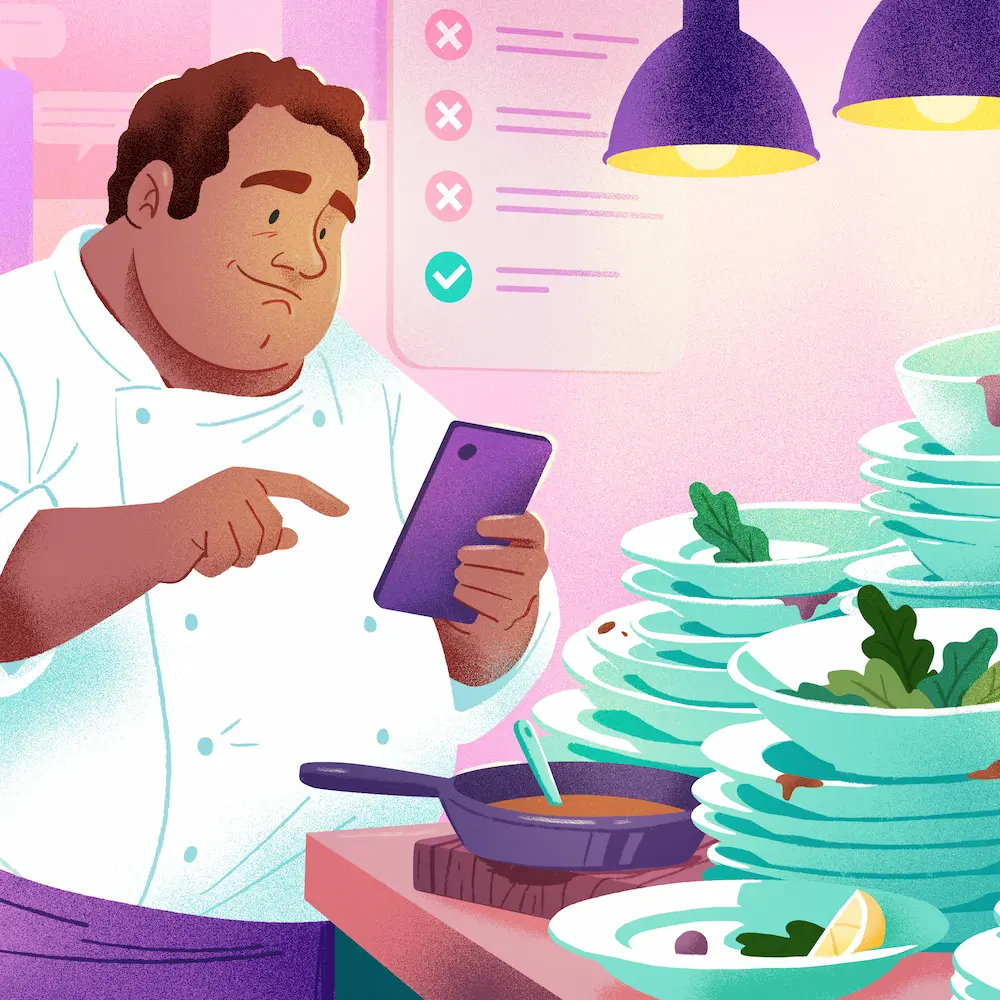 No call no show illustrated by a frustrated chef checking his phone beside a growing pile of dirty dishes.