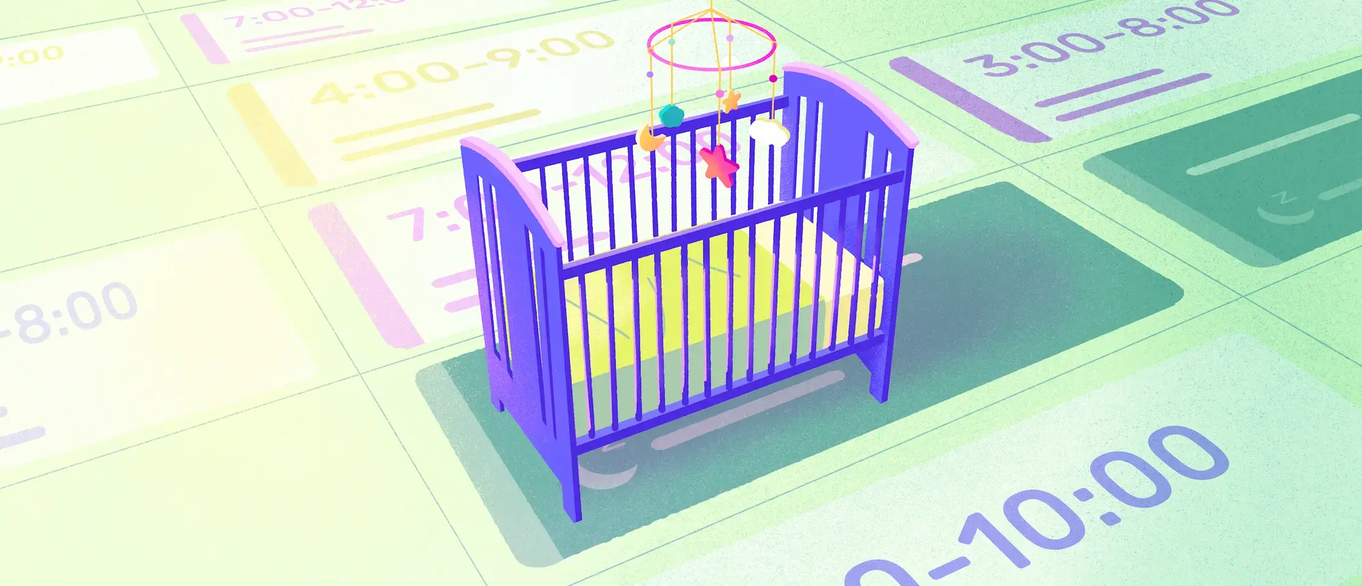 Parental leave illustrated by a baby crib sitting on top of a shift schedule grid with time blocks.