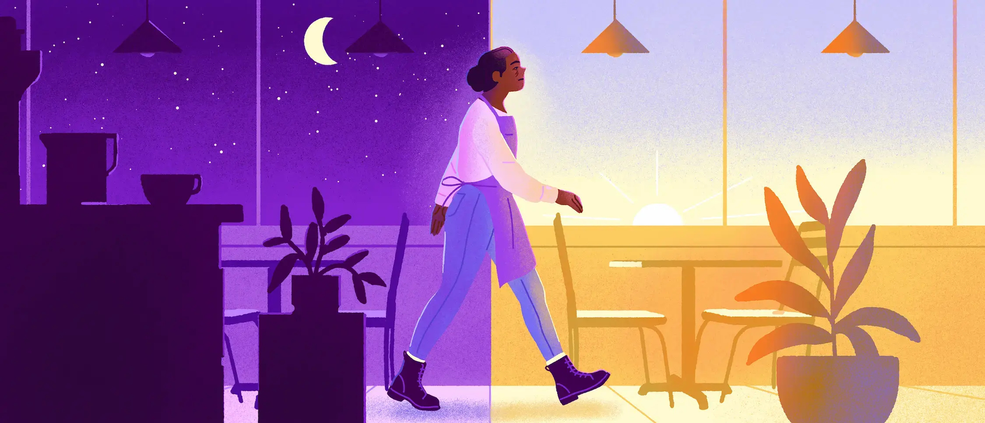 Clopening illustrated by a restaurant worker walking through a scene shifting from starry night to sunrise.