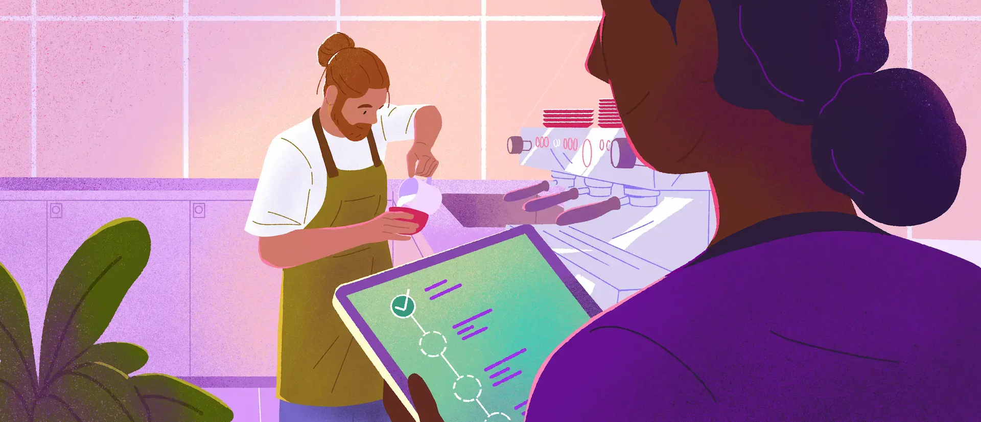 Probationary period illustrated by a manager evaluating a new hire on a tablet while he prepares an order in the kitchen.