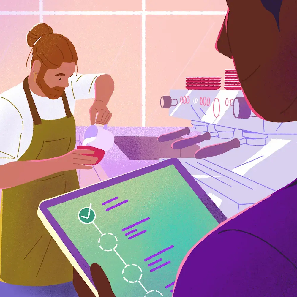 Probationary period illustrated by a manager evaluating a new hire on a tablet while he prepares an order in the kitchen.