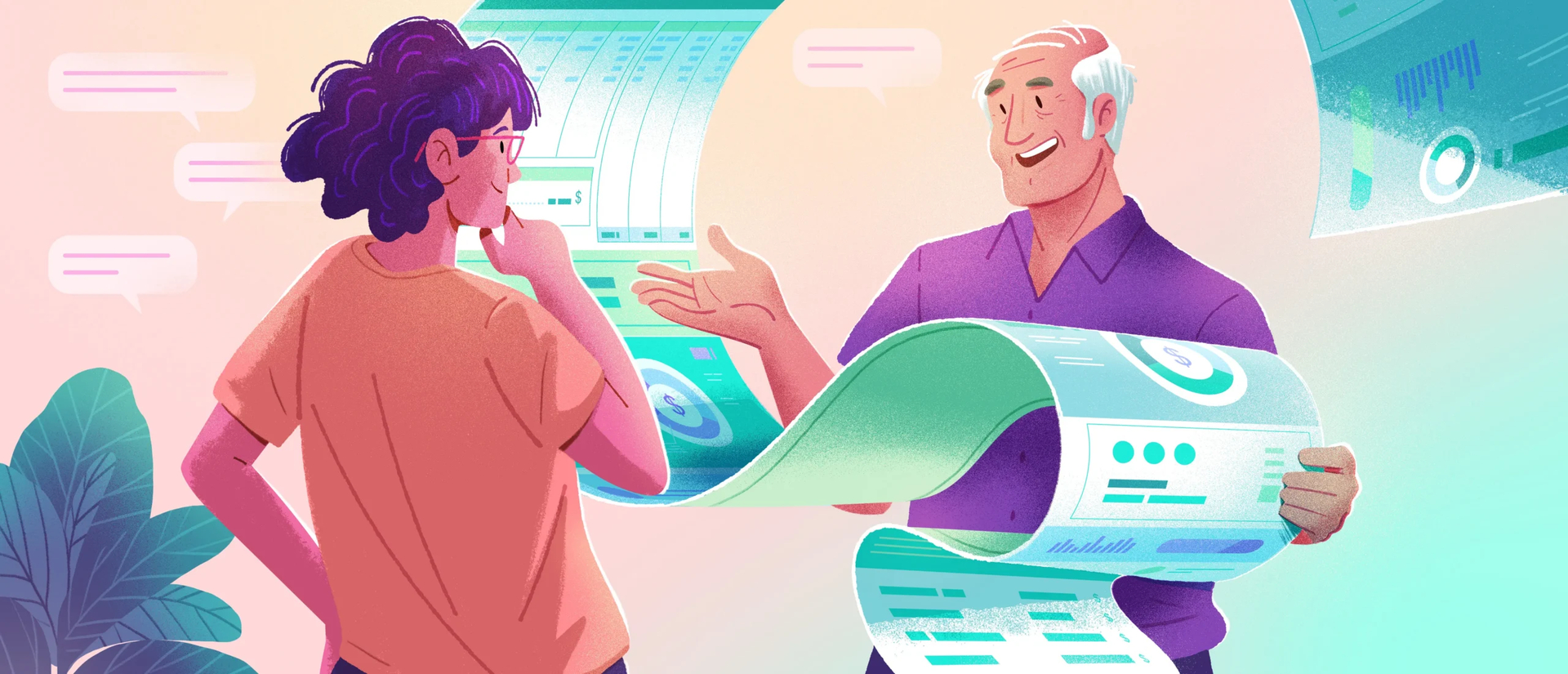 Illustration of an employer explaining a pay stub to an employee, holding a long unrolled pay statement, with a large payslip displayed in the background.