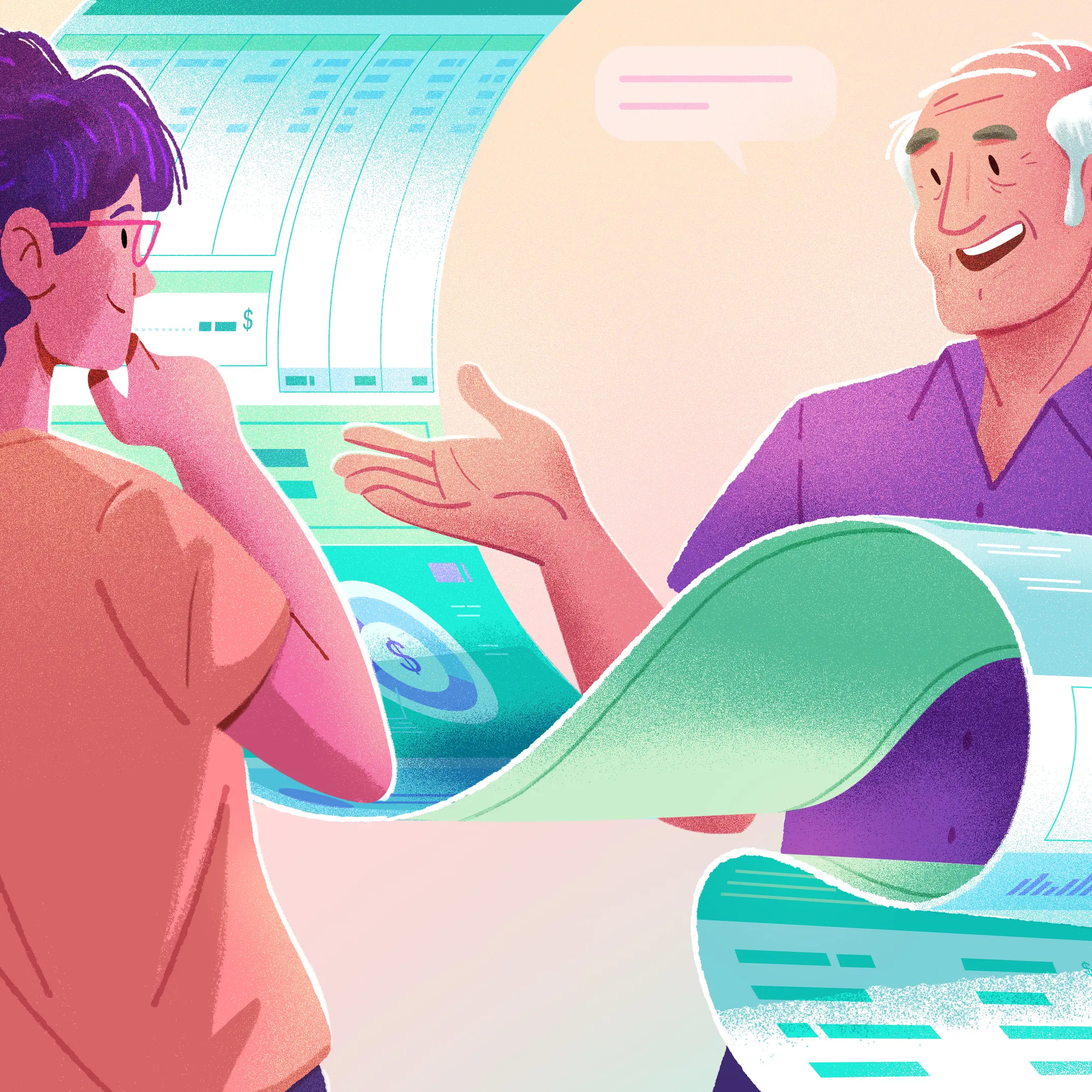 Illustration of an employer explaining a pay stub to an employee, holding a long unrolled pay statement, with a large payslip displayed in the background.