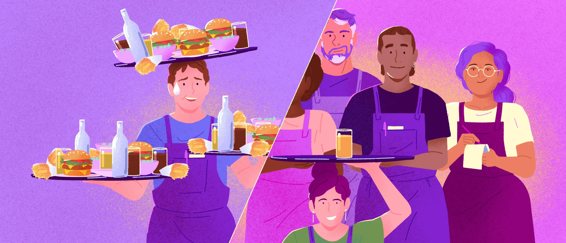 Split illustration contrasting understaffing and overstaffing in a restaurant: on the left, a single stressed server balances three overloaded trays of food and drinks, while on the right, five relaxed staff members share a single tray between them.