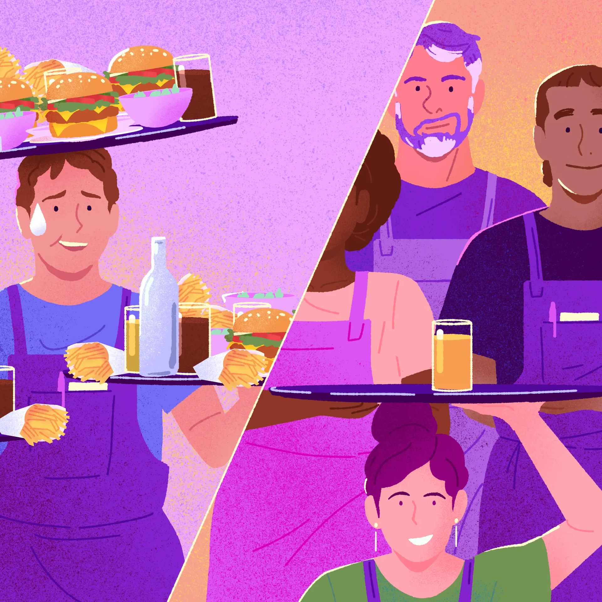 Split illustration contrasting understaffing and overstaffing in a restaurant: on the left, a single stressed server balances three overloaded trays of food and drinks, while on the right, five relaxed staff members share a single tray between them.