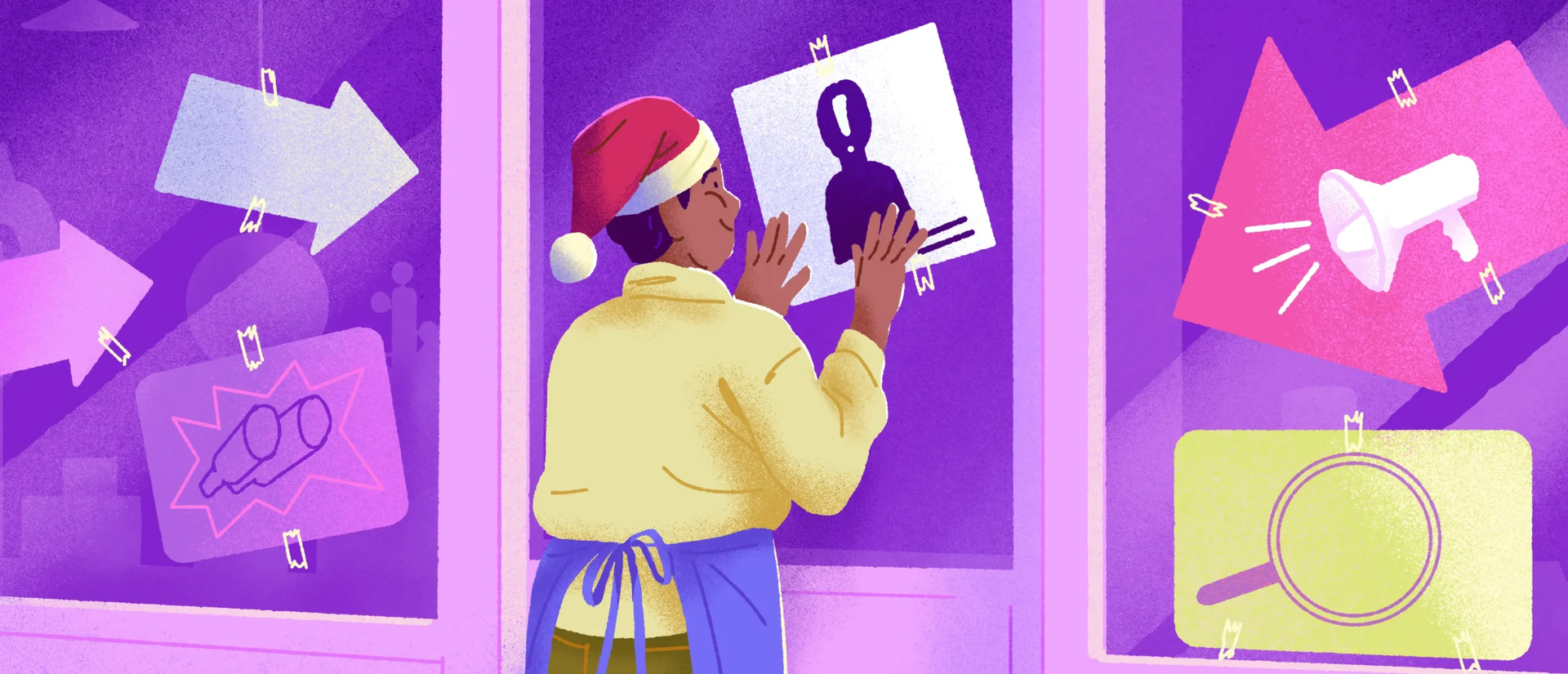 Illustration of a retail worker wearing a Santa hat and an apron, taping a hiring sign to a storefront window surrounded by promotional posters with arrows, a megaphone and a magnifying glass.