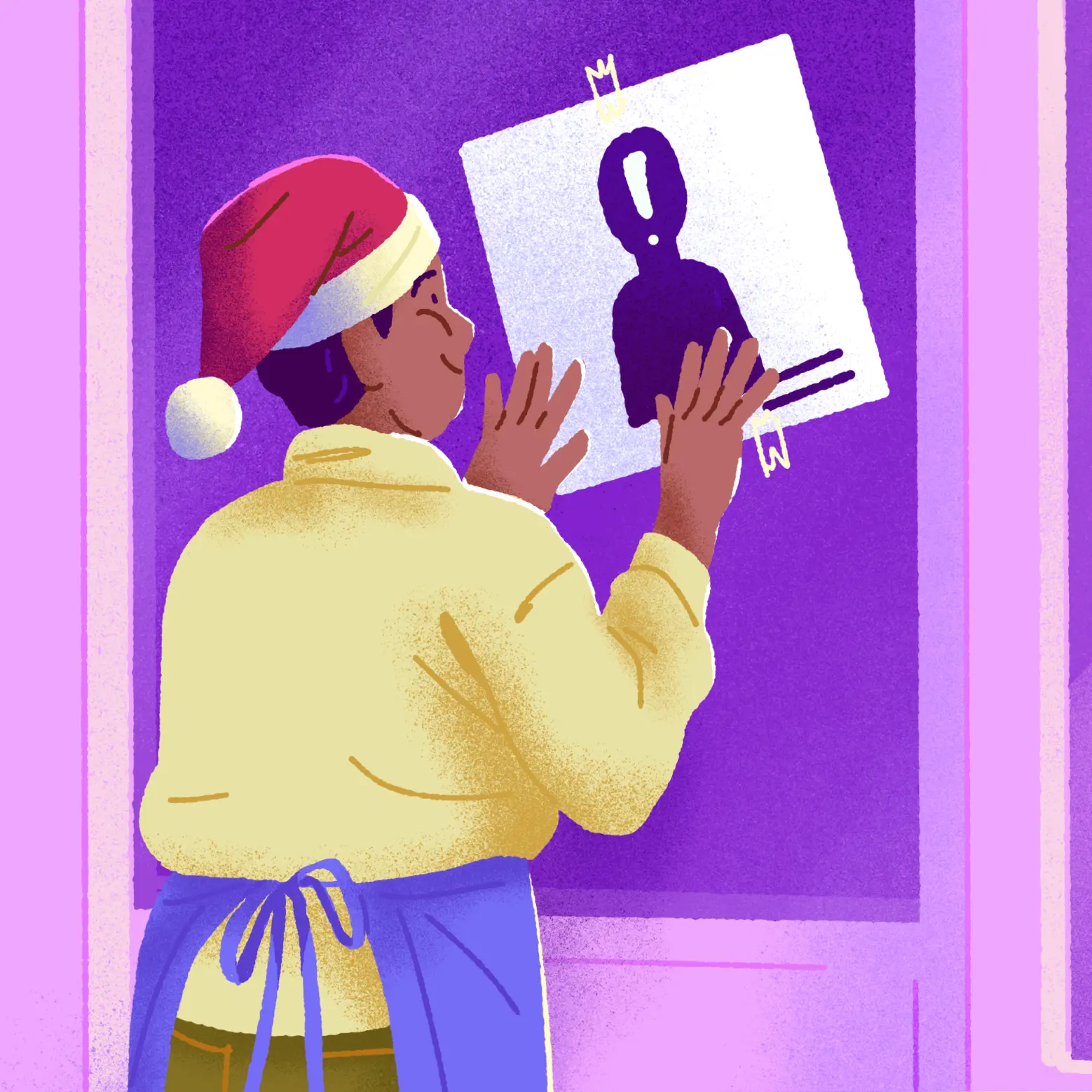 Illustration of a retail worker wearing a Santa hat and an apron, taping a hiring sign to a storefront window surrounded by promotional posters with arrows, a megaphone and a magnifying glass.