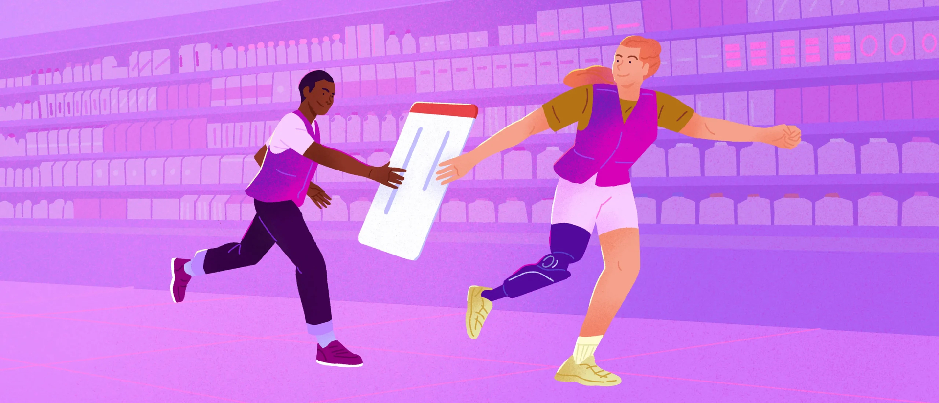 llustration of a shift handover: two retail employees in vests run past each other in a store aisle, passing a large tablet like a relay baton.