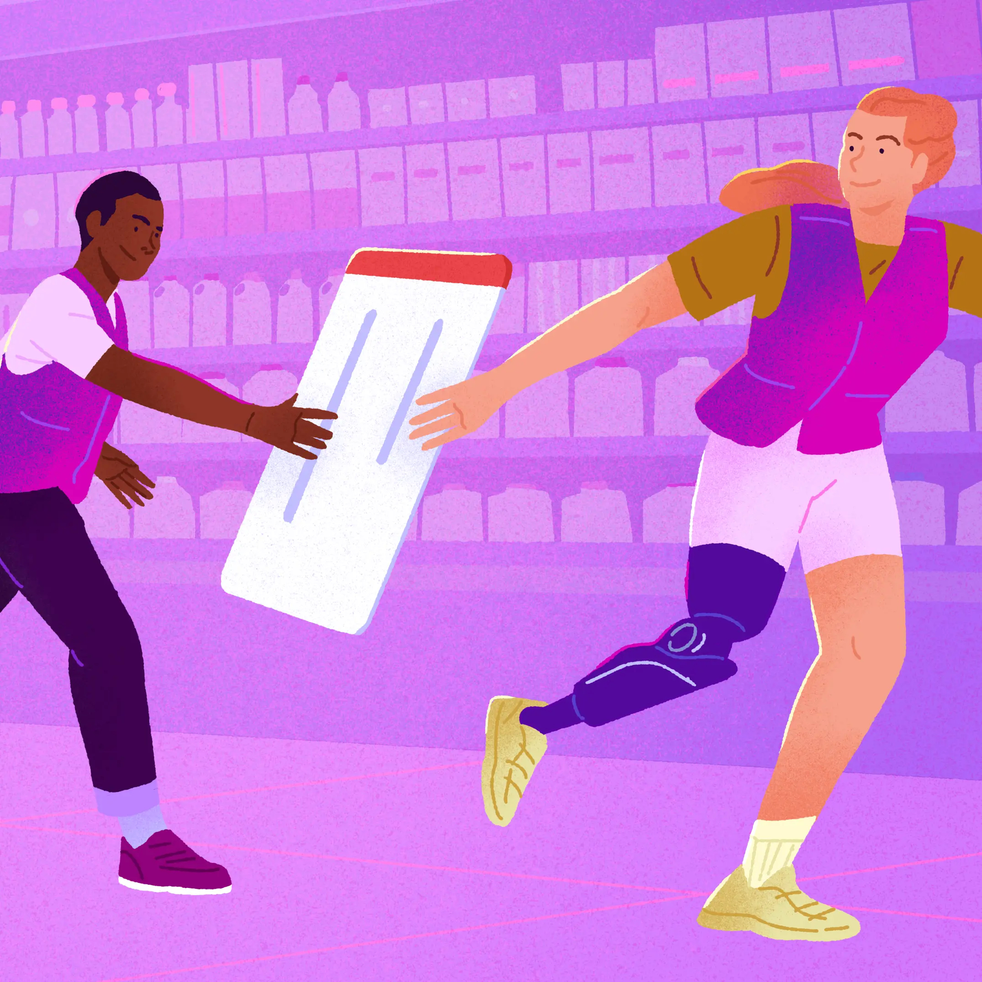 llustration of a shift handover: two retail employees in vests run past each other in a store aisle, passing a large tablet like a relay baton.