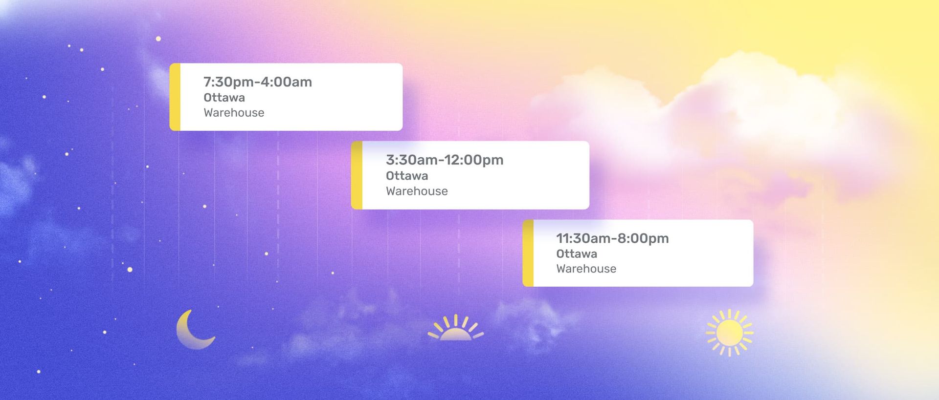 Rotating schedule shifts with sky with moon and sun in background