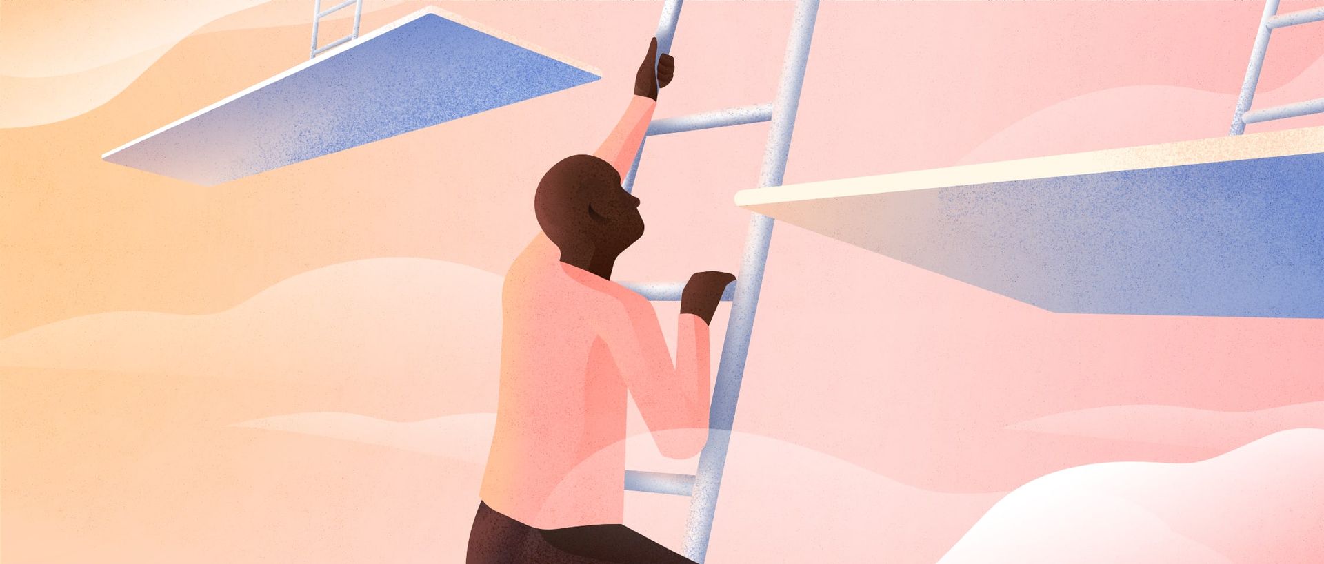 man going up in a ladder in a pink sky