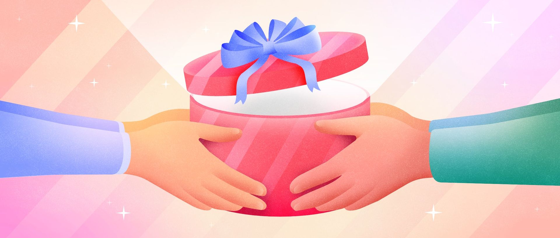 Hands of 2 people holding a Christmas gift together