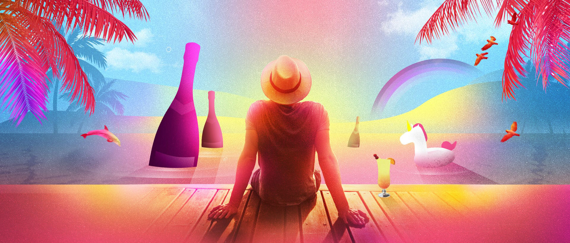 Jeune homme qui relaxe en regardant l'horizon sur un quai entouré par un cocktail et des bouteilles d'alcools