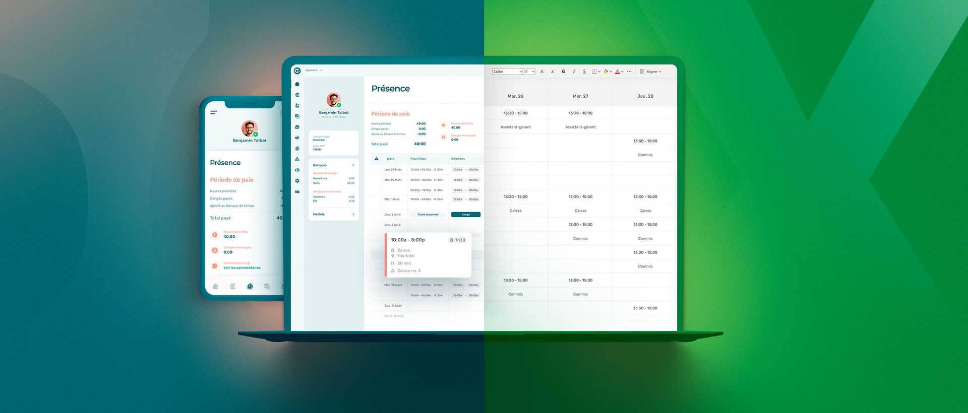 Ordinateur portable qui montre dans la moitié de l'écran à gauche le logiciel de gestion de planning Agendrix et dans l'autre moitié le logiciel Excel