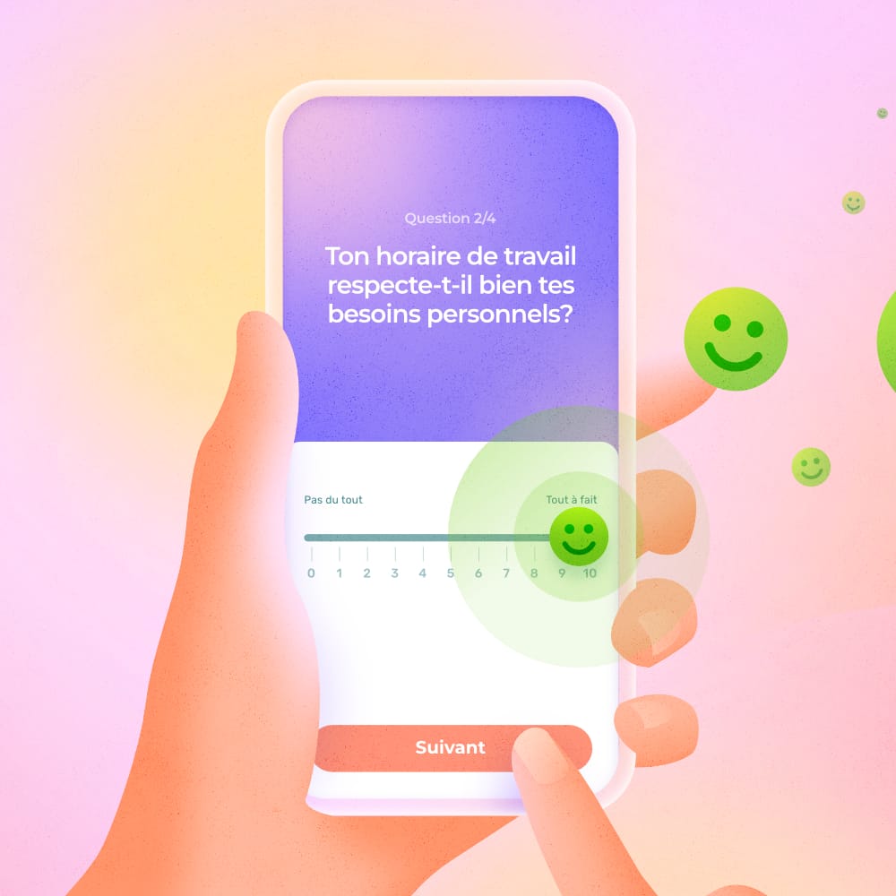 Salarié qui utilise sont appareil mobile pour répondre à un sondage de satisfaction au travail en ligne