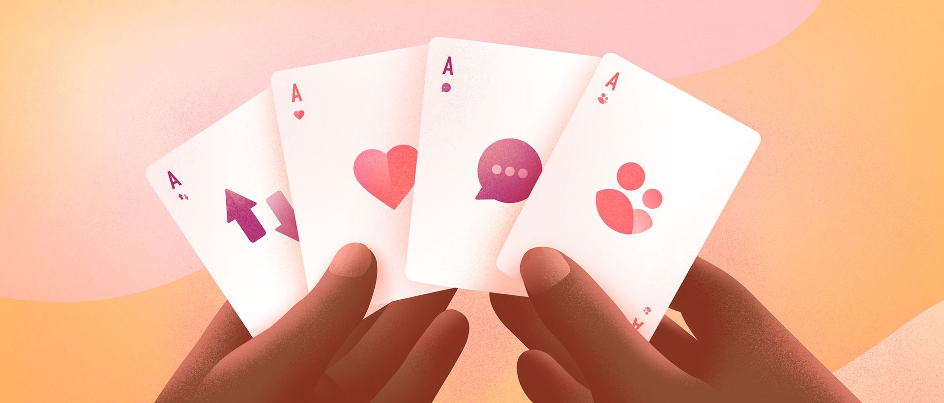 Mains qui tiennent un paquet de cartes composé de quatre as