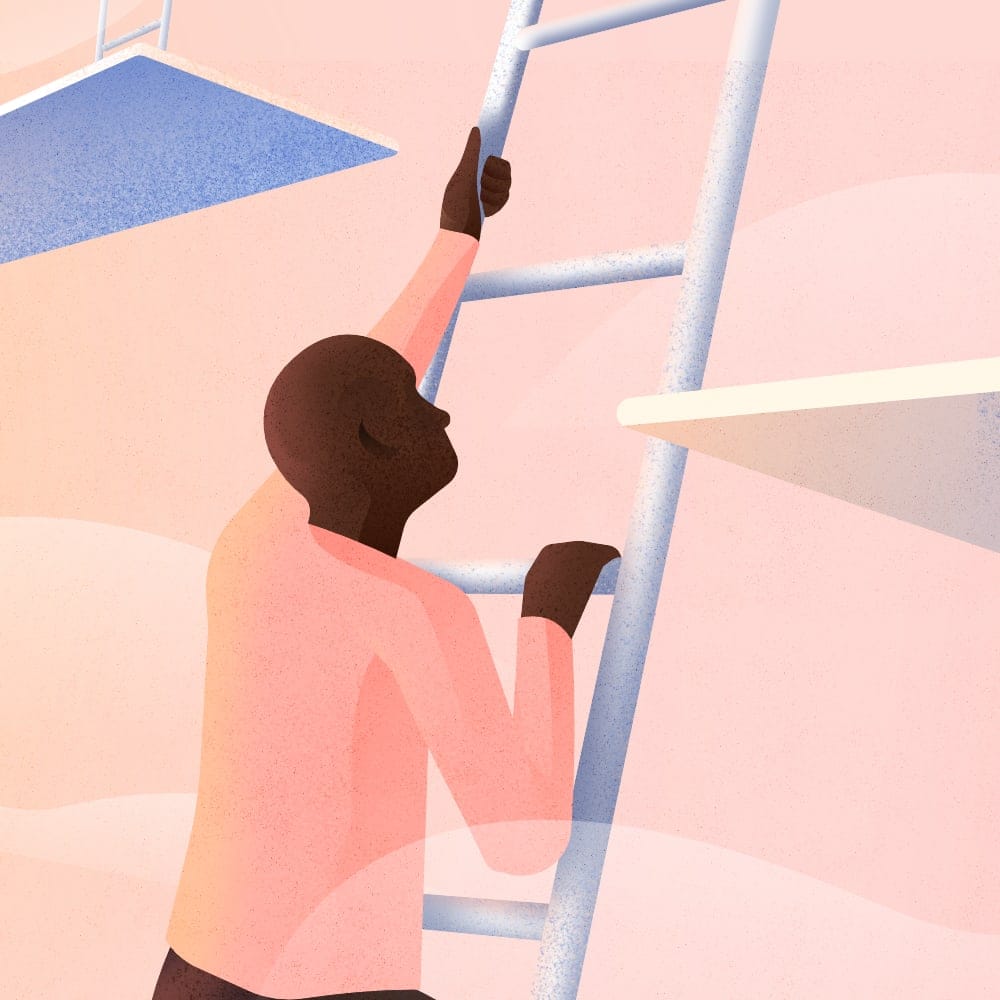 man going up in a ladder in a pink sky
