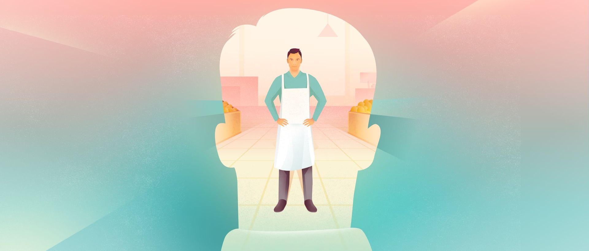 Shape of a man's head with a standing man wearing apron inside