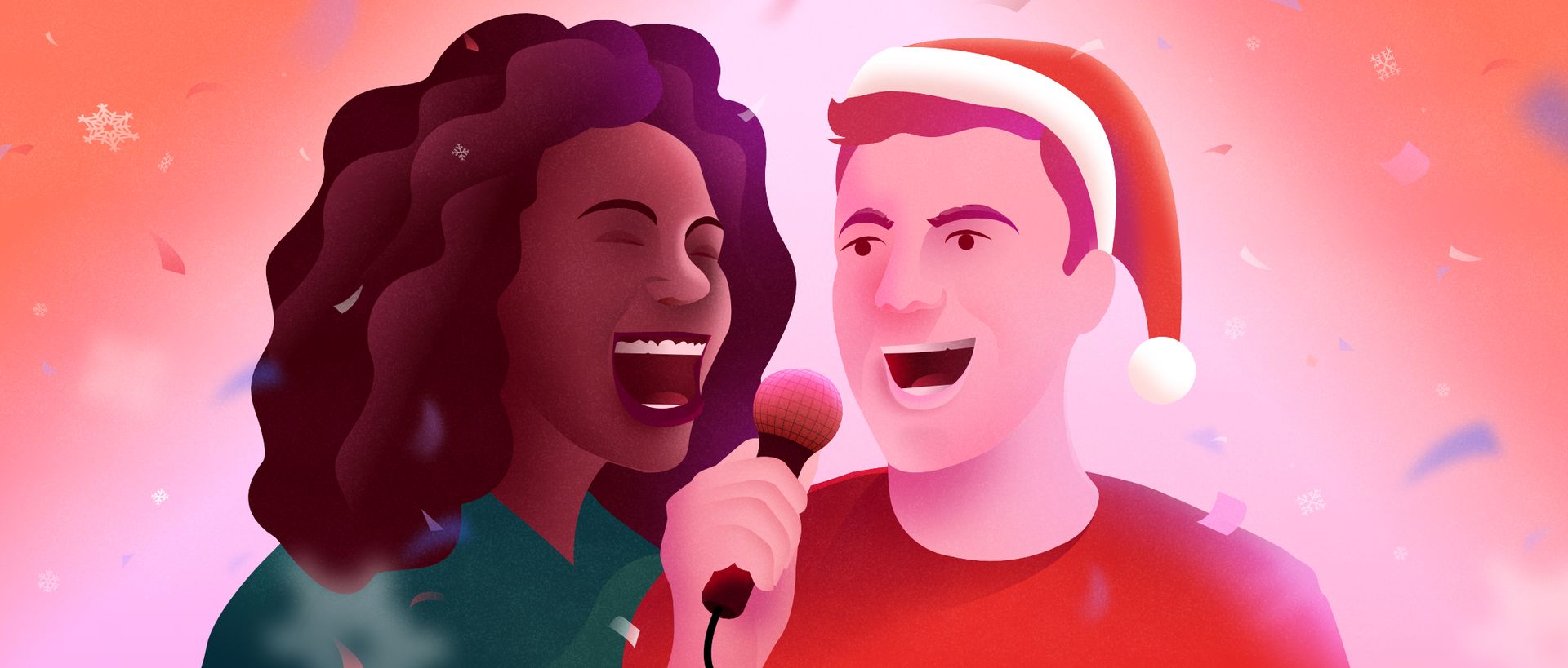 woman and man wearing a Santa hat singing in a microphone