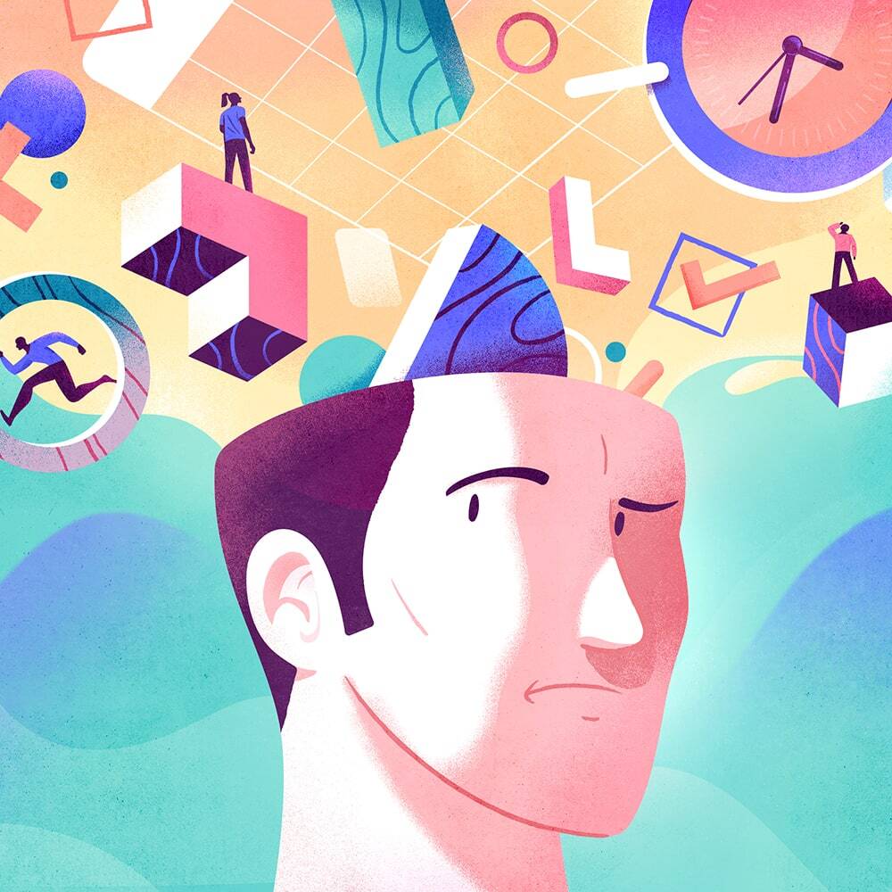 Man with various scheduling elements coming out of his head, including a clock, puzzle pieces and checkmarks