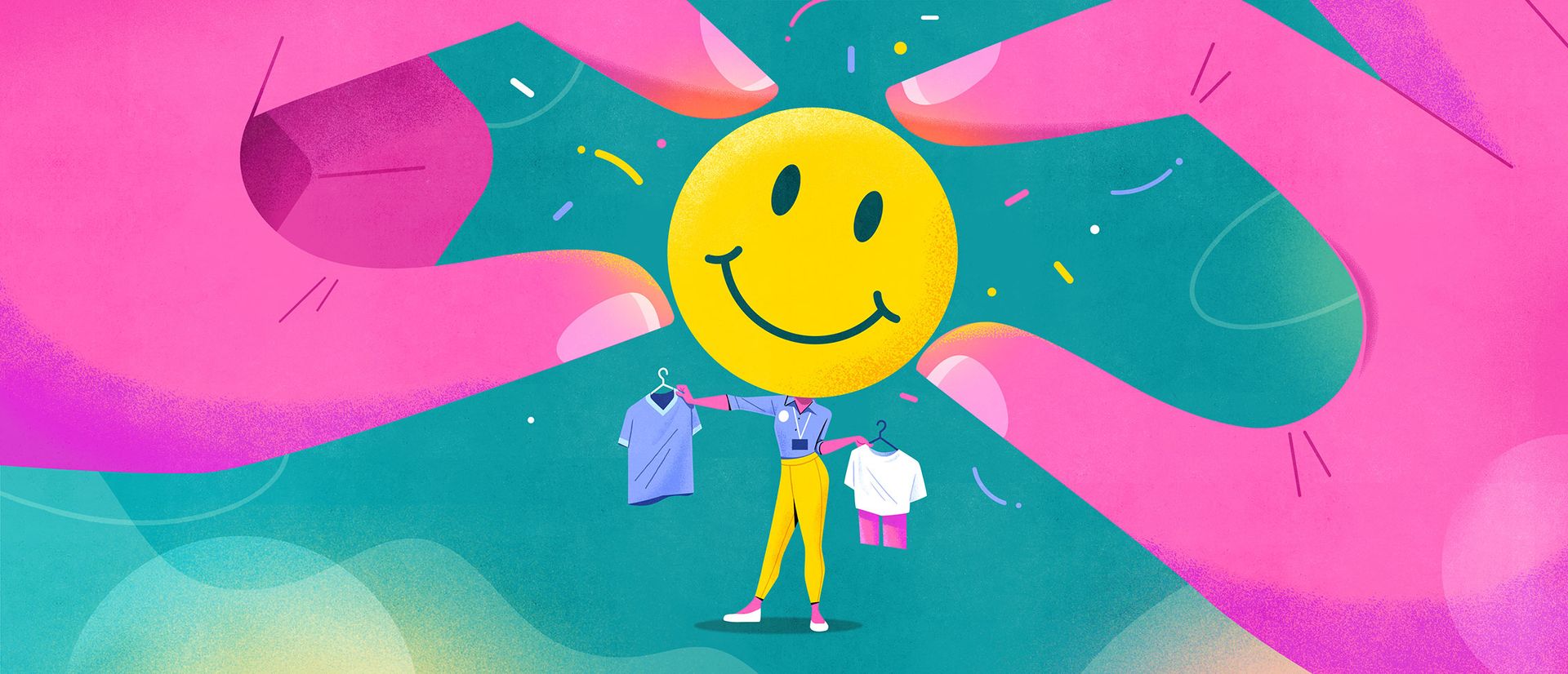 Mains qui tiennent un smiley devant un commis de commerce de détail qui présente des vêtements