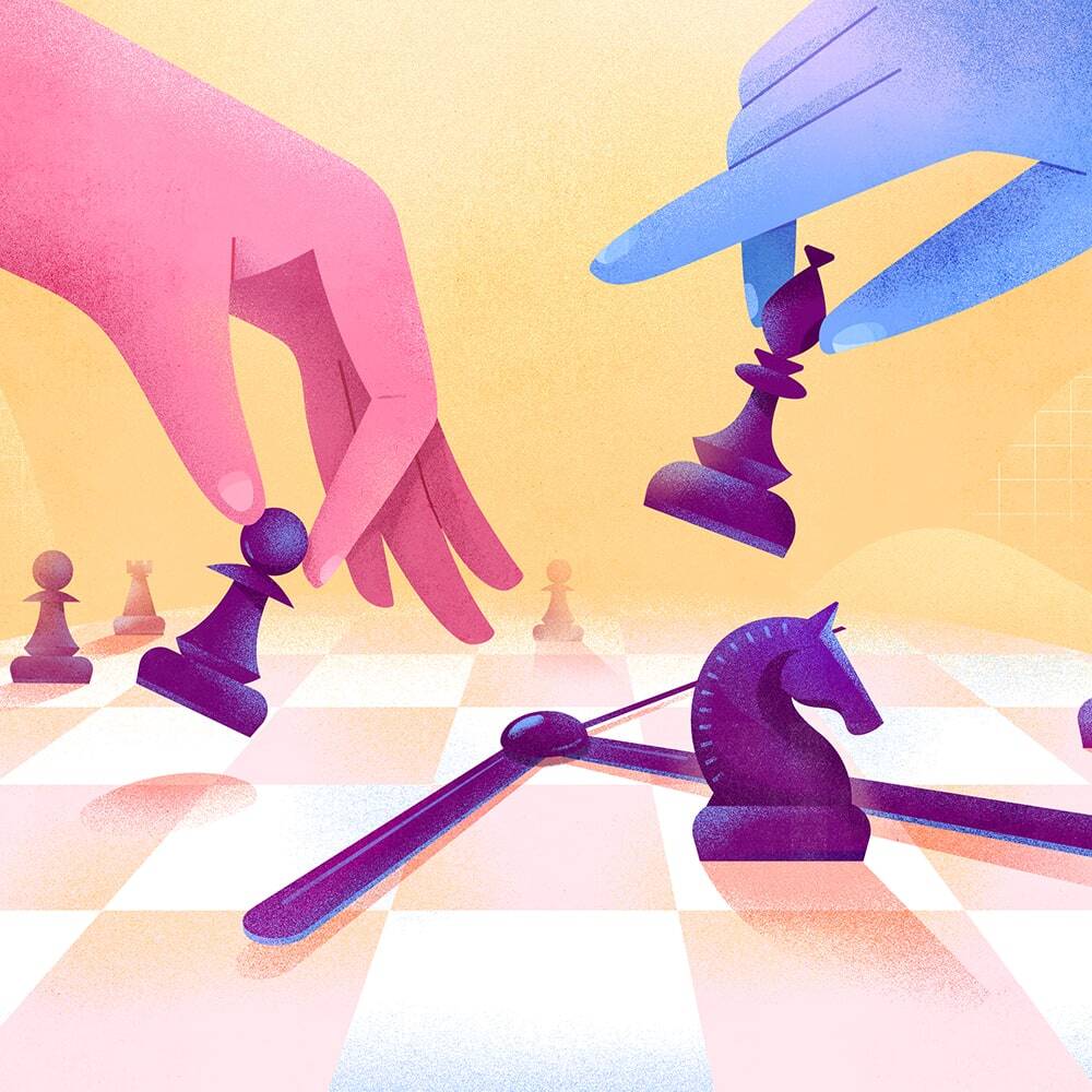 Two hands playing chess on a board in the form of a clock