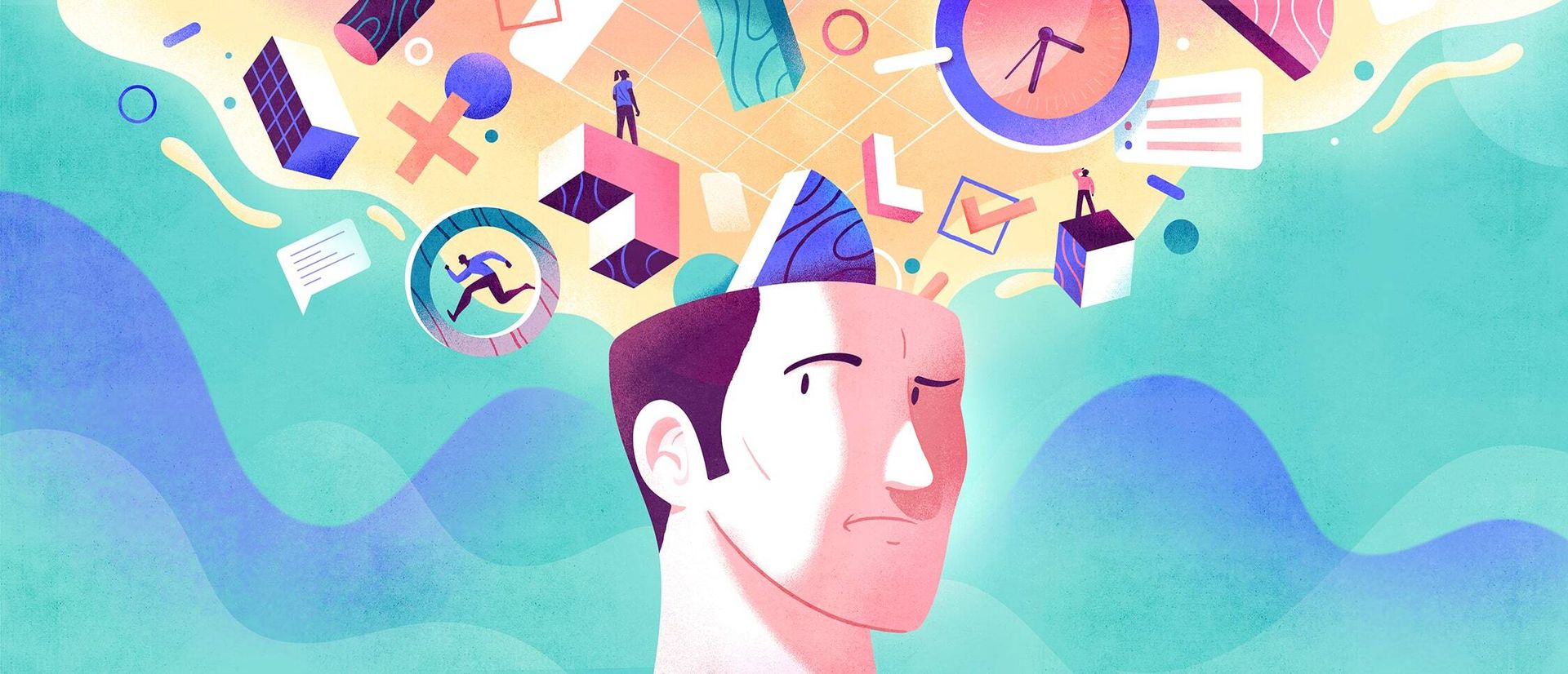 Man with various scheduling elements coming out of his head, including a clock, puzzle pieces and checkmarks