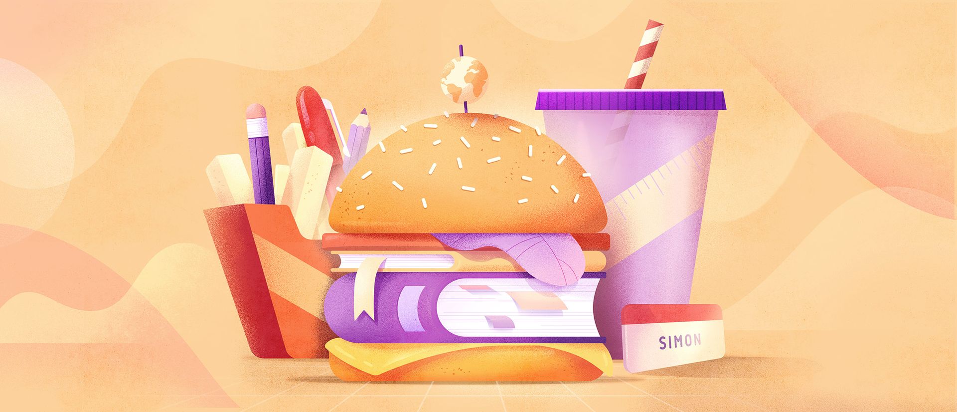 Hamburger avec des livres au lieu de la viande, avec des crayons en guise de frites, une boisson et un porte-nom