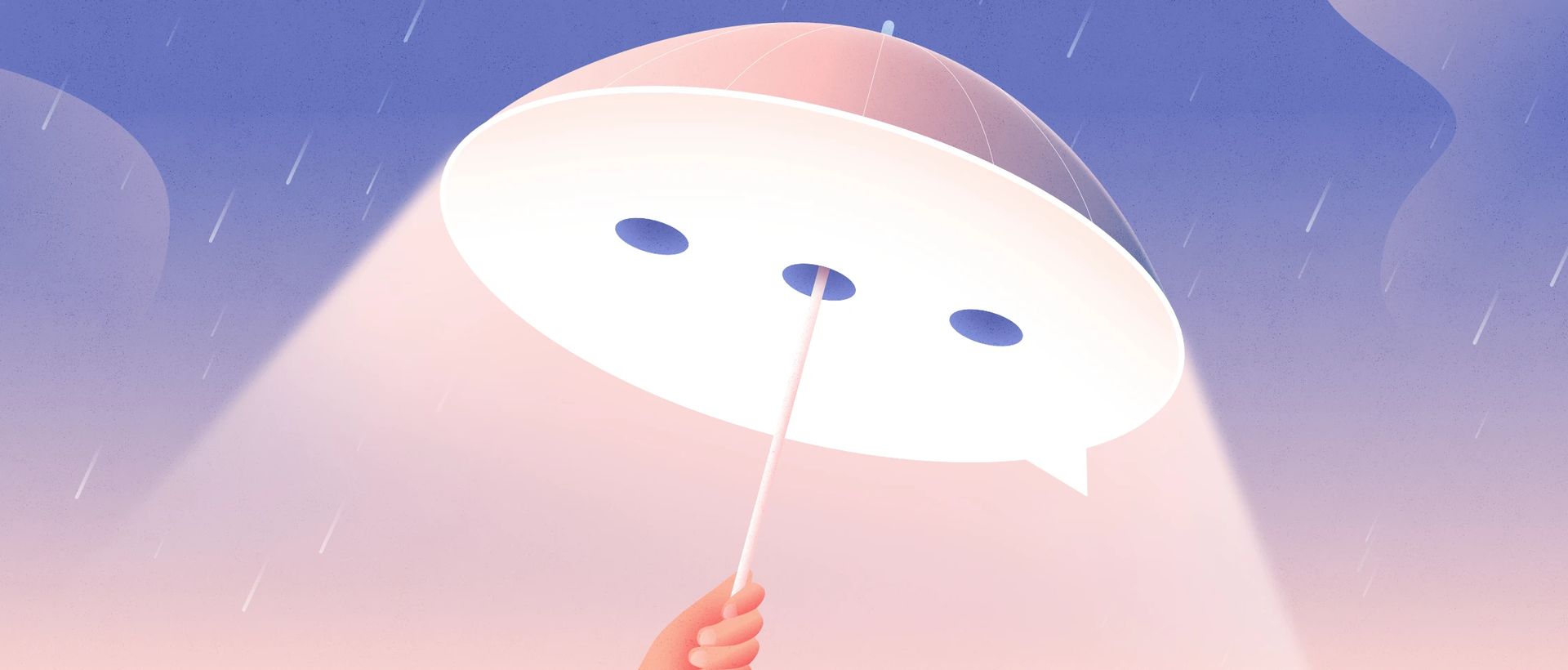 main qui tient un parapluie avec une bulle de discussion