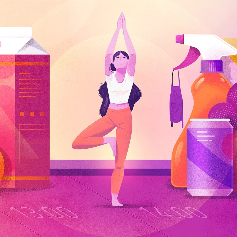 Woman doing yoga between grocery items