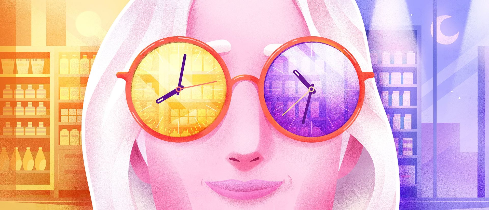 Face of woman wearing sunglasses that are clocks, one lens is day the other is night