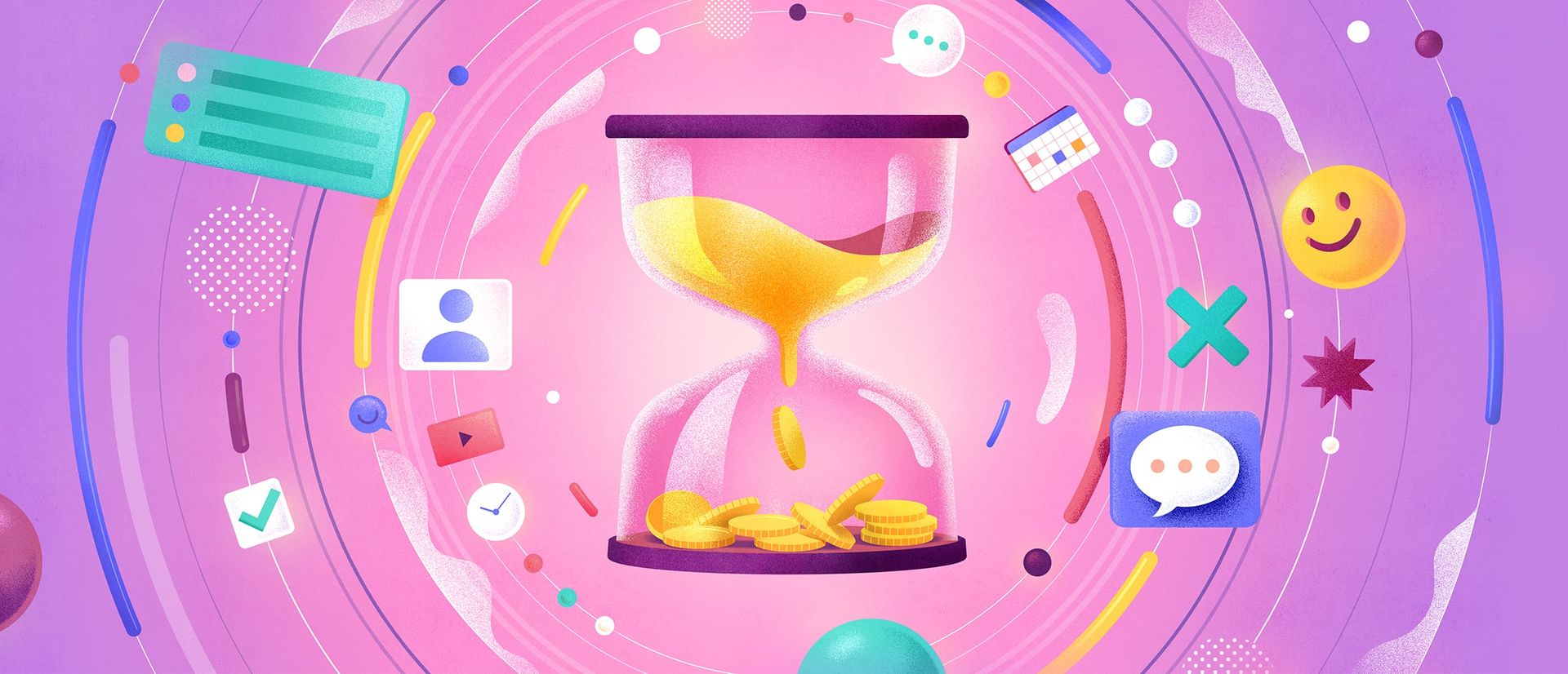 Hourglass filled with sand and money, with several elements revolving around it