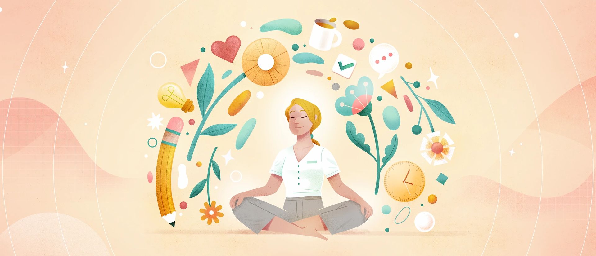 Blonde lady seated in lotus position, meditating, with various elements floating around her: pencil, flowers, heart, clock, etc.