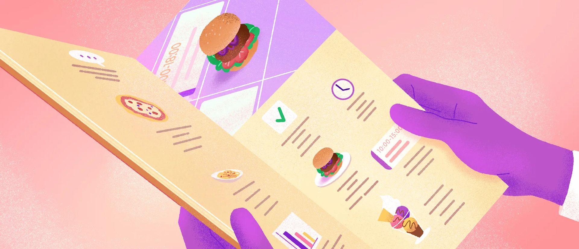 Mains tenant un menu ouvert avec à l'intérieur un hamburger, une coche, une horloge et une glace.