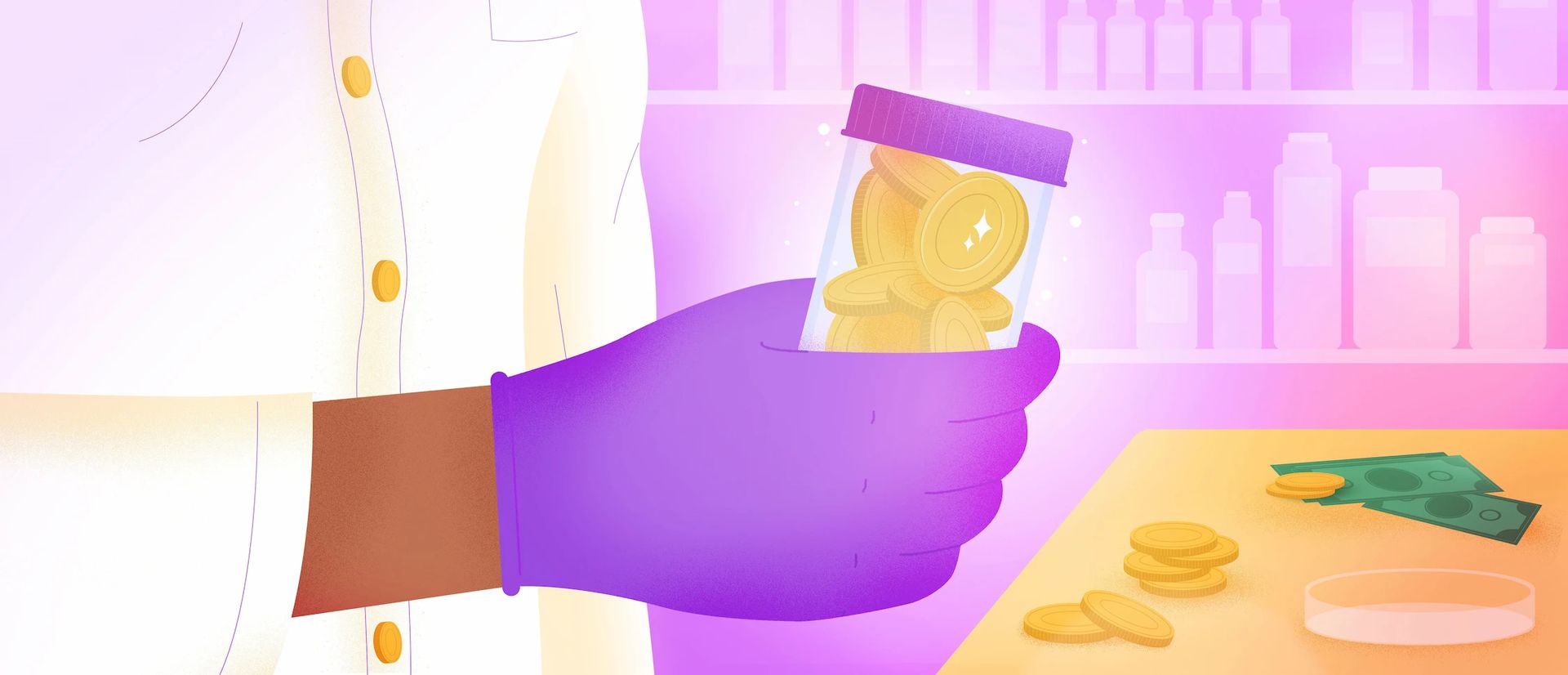 Hand with a glove holding a jar filled with coins, behind which is a pharmacy background.