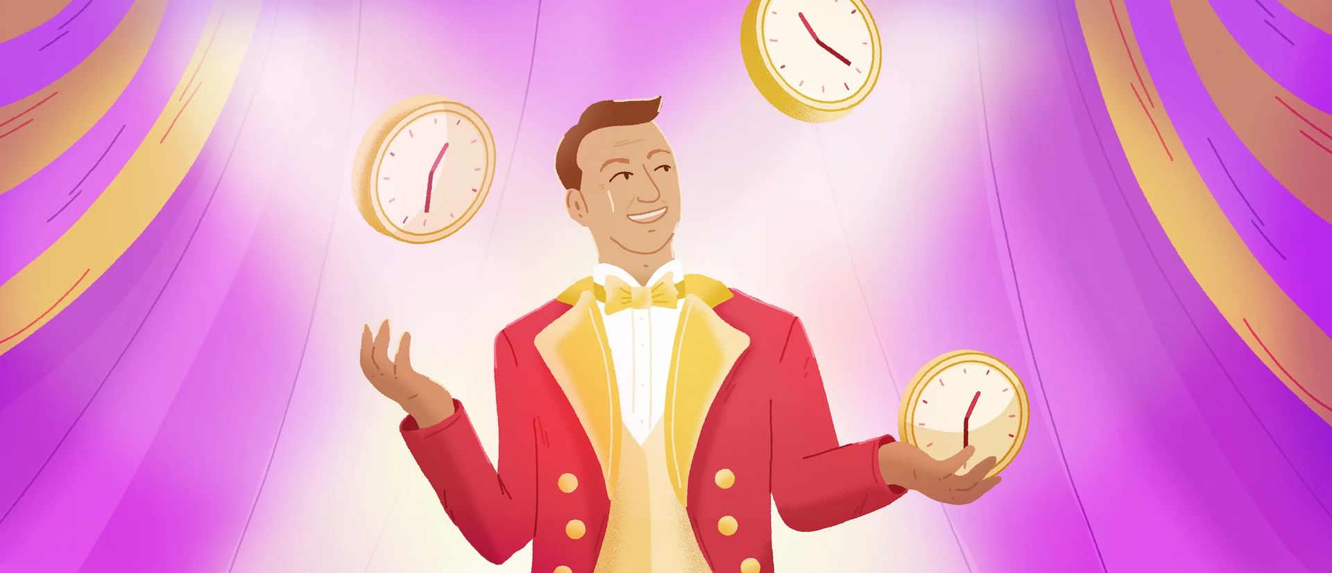 Homme en habit de cirque qui jongle avec des horloges