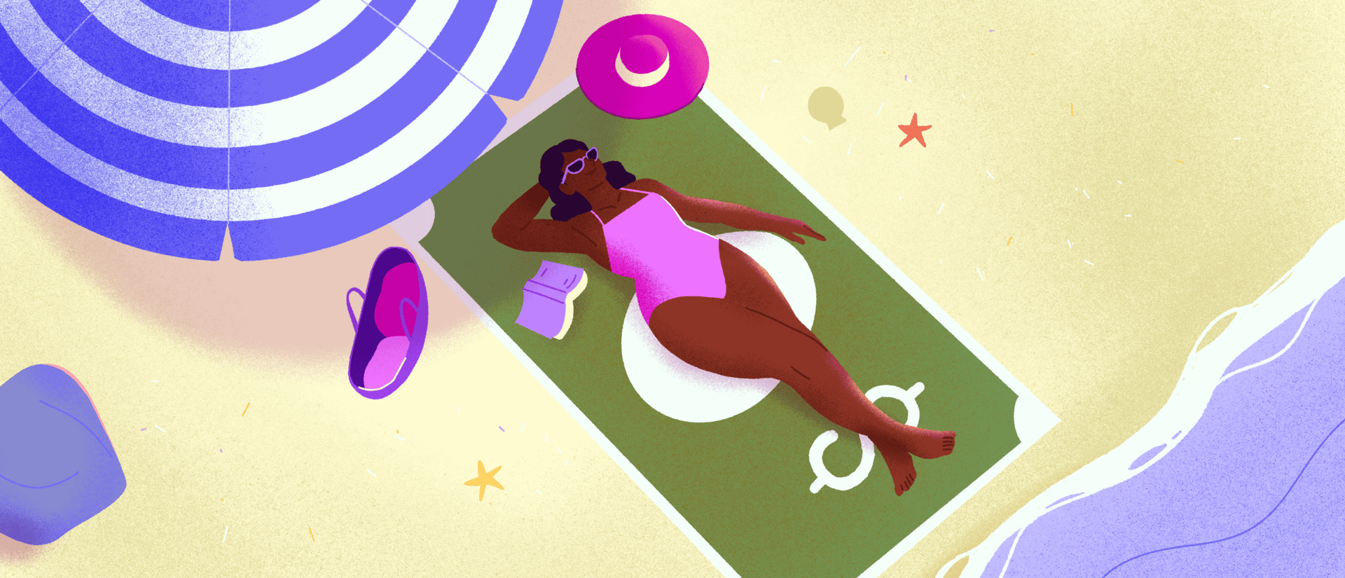 Illustration seen from above of a woman in a pink swimsuit relaxing on a beach towel shaped like a dollar bill, next to a striped umbrella, a sun hat, sandals and an open book.