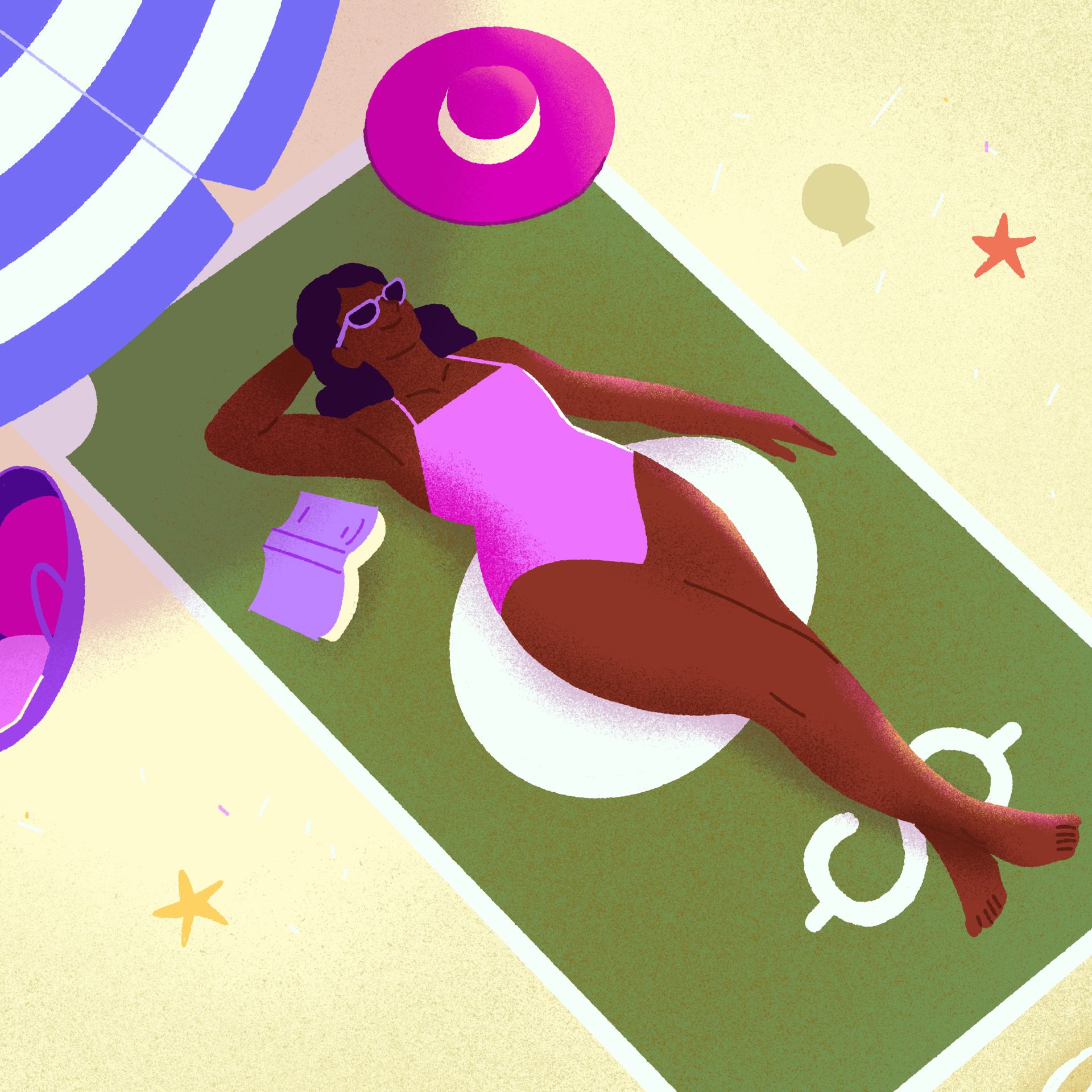 Illustration seen from above of a woman in a pink swimsuit relaxing on a beach towel shaped like a dollar bill, next to a striped umbrella, a sun hat, sandals and an open book.