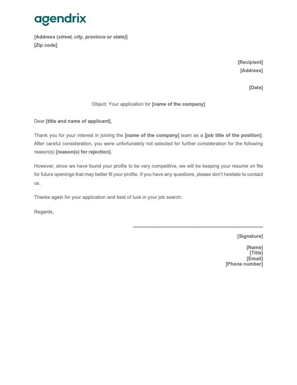 Job rejection letter template