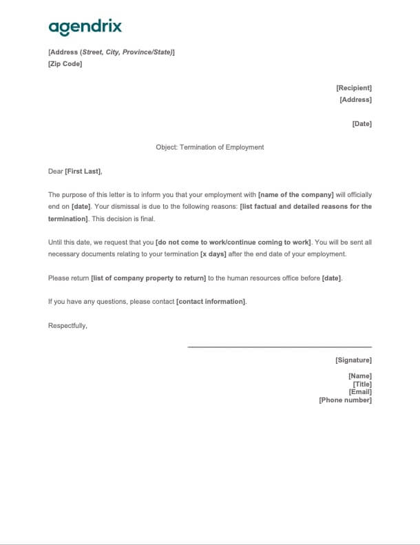 Termination letter template