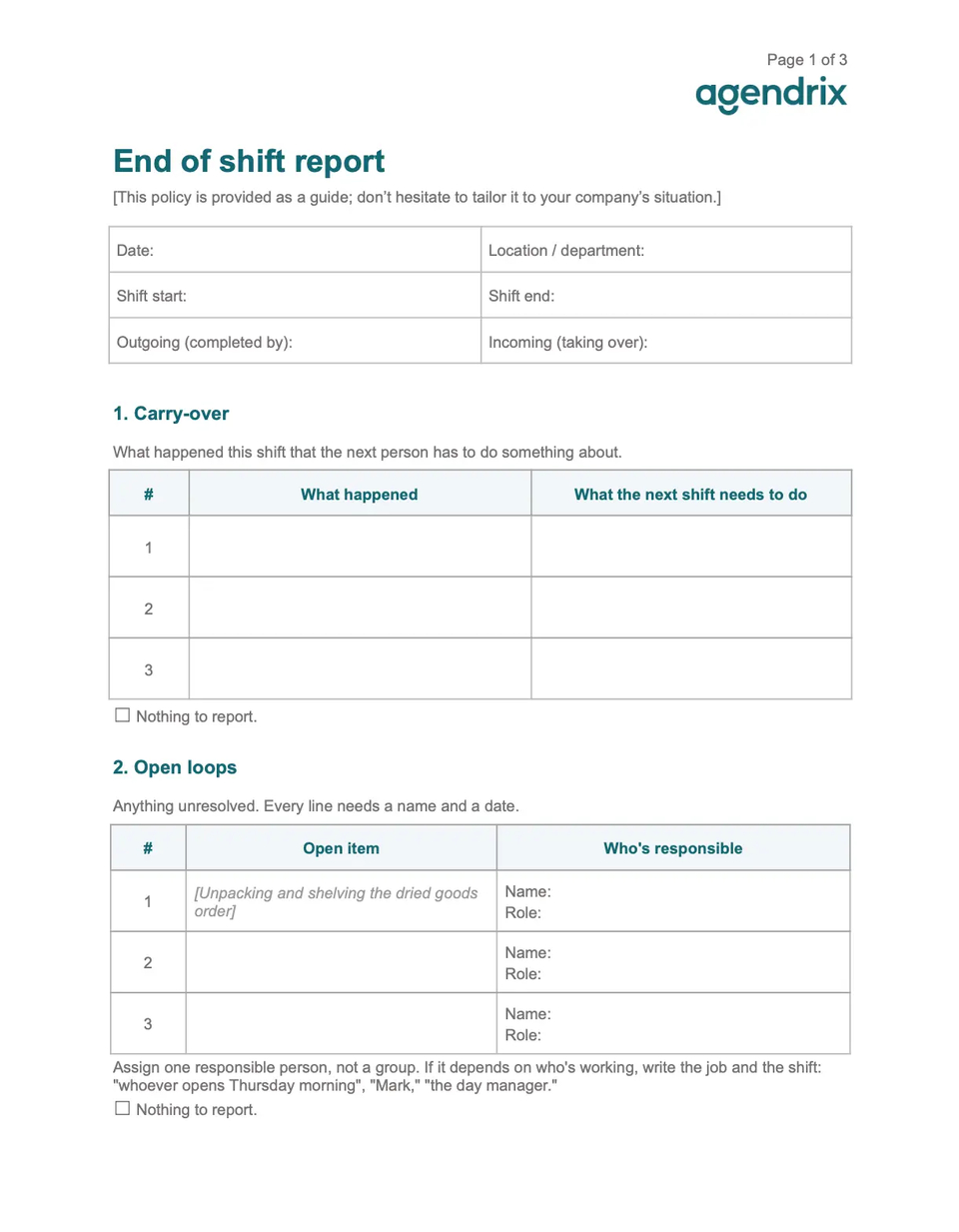 Free end-of-shift report template in Word, by Agendrix.