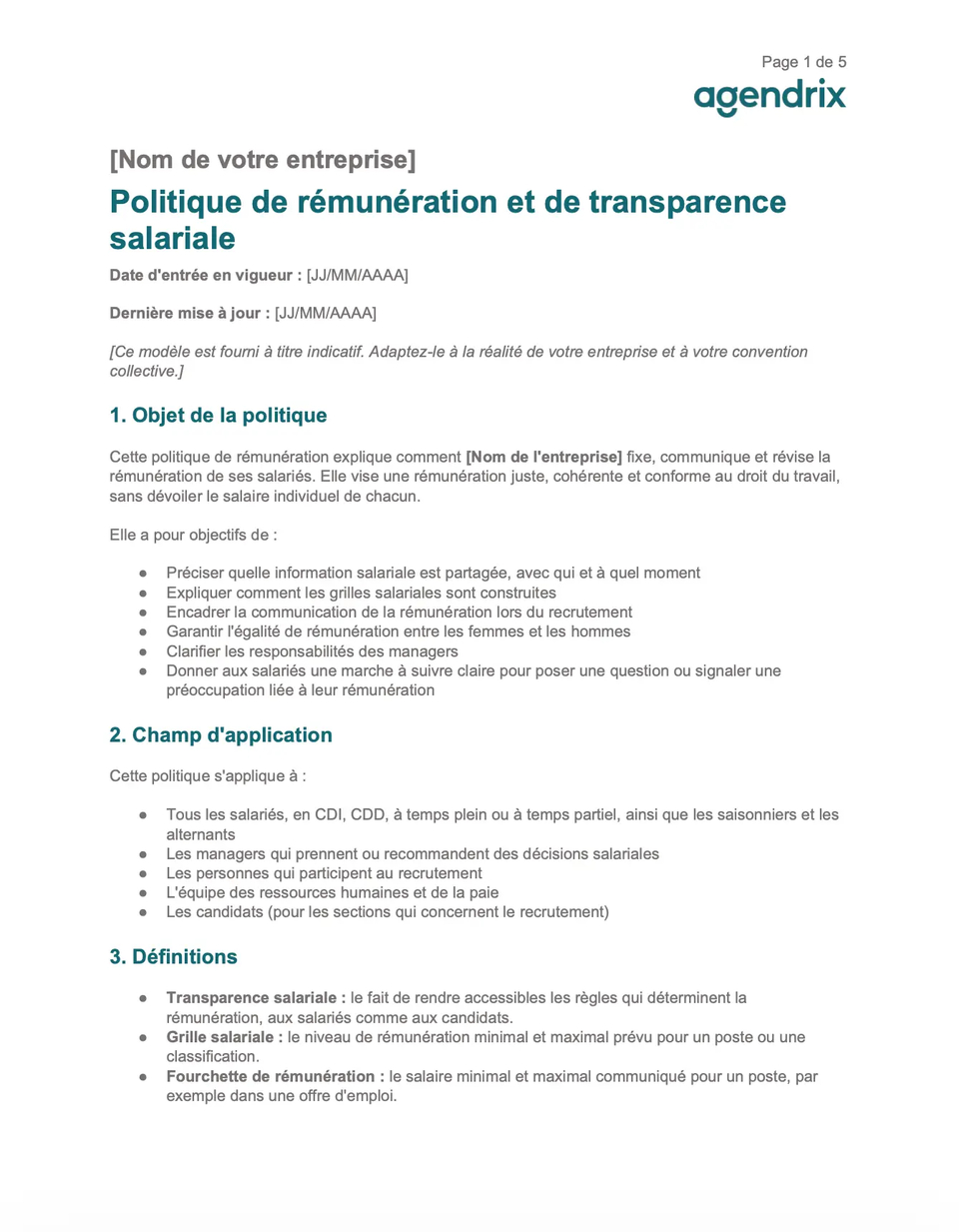 Modèle gratuit de politique de rémunération, par Agendrix.