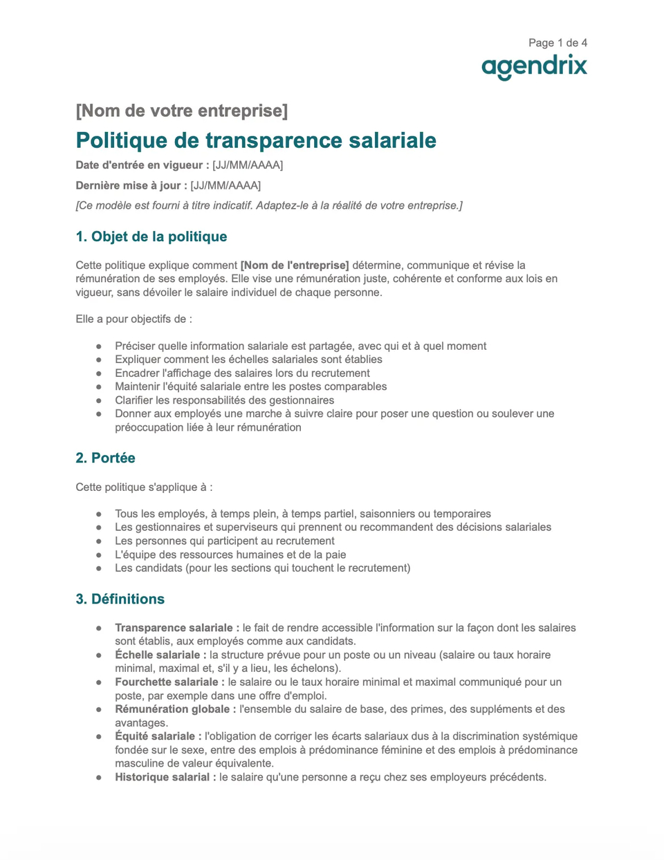 Modèle gratuit de politique de la transparence salariale, par Agendrix.