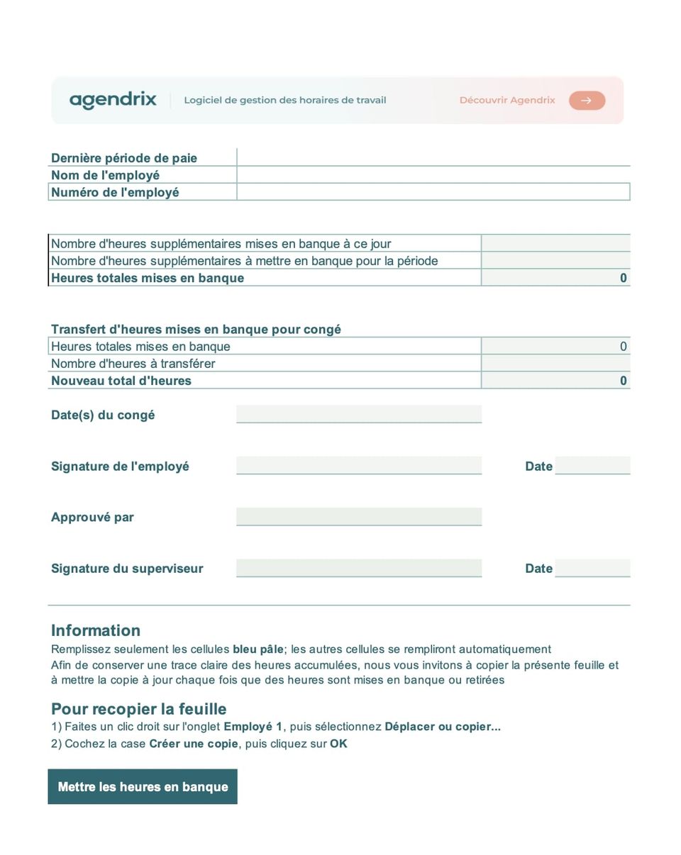 Capture d'écran du modèle de banque d'heures accumulées