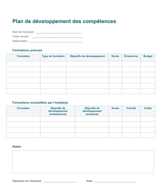 Plan de développement des compétences d'employé dans un document Word