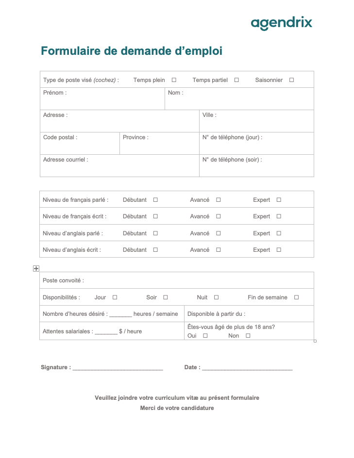 Formulaire de demande d'emploi Word